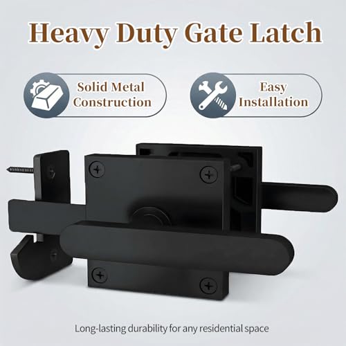 Double Sided Gate Latch Aluminum, Heavy Duty Black Fence Gate Latch with Handles, Rust Proof Surface Mount Lock for Left Right Inswing Wooden Gates, Backyard Garden Shed (Right)