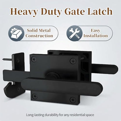 Double Sided Gate Latch Aluminum, Heavy Duty Black Fence Gate Latch with Handles, Rust Proof Surface Mount Lock for Left Right Inswing Wooden Gates, Backyard Garden Shed (Right)