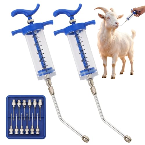 2 Pcs Goat Syringe Reusable Adjustable Goat Drench Syringe with 2 Drench Nozzle and Needles, Feeding Supplies for Cattle, Sheep, Goats, Horse, Pig, Dog (Blue, 50ML) - color: Blue, size: 50ML