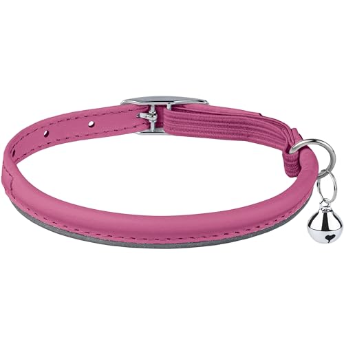 OOPSDOGGY Rolled Leather Cat Collar with Bell, Reflective Kitten Collars with Buckle Include Safety Elastic Strap - Adjustable Small Pet Collars for Boy Girl Cats (Fucsia) - color: Fucsia