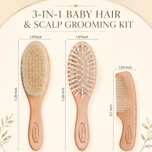 Baby Hair Brush & Comb Set, Organic Wooden Hairbrush Natural Goat Bristles for Newborns & Toddlers, Ideal for Cradle Cap & Itching, Perfect Shower and Registry Gift for Infant, Toddler (3 Piece Set) - size: 3 Piece Set