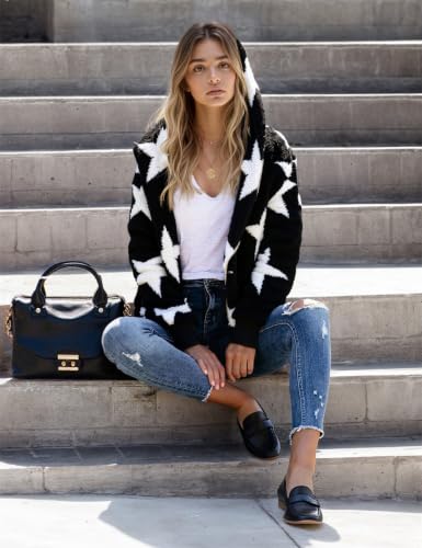Zilcremo Women Hooded Cardigan Open Front Fuzzy Jacket - color: Blackstar, size: Medium