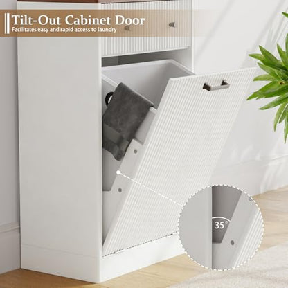 10 Gallon Tilt Out Trash Can Cabinet with Drawer, Hidden Trash Bin Storage & Laundry Hamper Cabinet, Pet Proof Trash Can Holder for Kitchen, Laundry Room & Bathroom, White - color: White