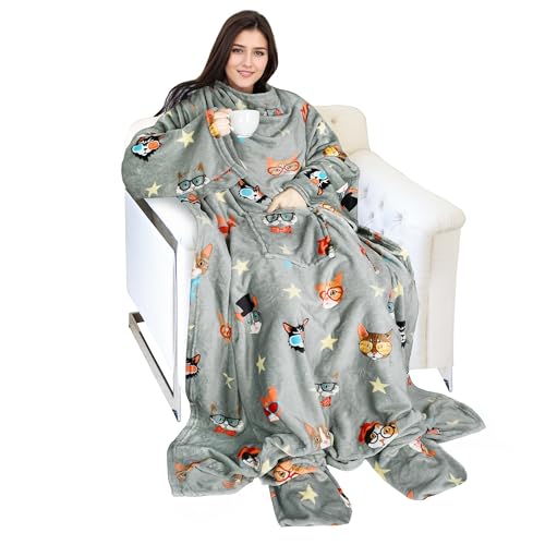 Catalonia Wearable Blanket with Sleeves & Foot Pocket for Adults - color: 80's Cat Dog Gray, size: Fleece