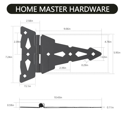 HOME MASTER HARDWARE 8" Heavy Duty Gate Hinges, 4 Pack T Strap Hinges | Outdoor Hinges for Wood Fence, Barn and Shed Door, Rotate 270 Degrees, Included Screws, 50LBS Capacity, Steel, Black Finish