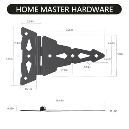 HOME MASTER HARDWARE 8" Heavy Duty Gate Hinges, 4 Pack T Strap Hinges | Outdoor Hinges for Wood Fence, Barn and Shed Door, Rotate 270 Degrees, Included Screws, 50LBS Capacity, Steel, Black Finish