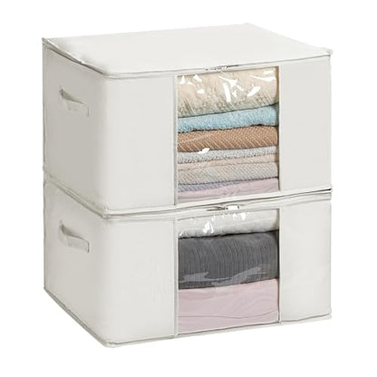 TYEERS Large Storage Bags with Zipper and Clear Window, Cotton Blended Fabric Storage Containers for Seasonal Clothes and Bedding, 23.6x15.7x13.8 Inches, 2-Pack, Beige