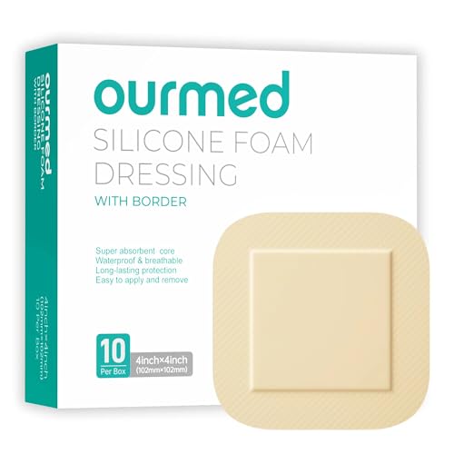 Ourmed Silicone Foam Dressing with Border Adhesive - Large Absorbent Waterproof Bandage for Wound Care, Foot Diabetic Ulcer, Leg Ulcer, 4" x 4", 10 Pack - size: 4"x 4" (10 Packs)