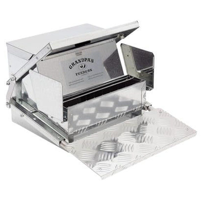 Grandpas Feeders Automatic Chicken Feeder - 40 lbs No Waste Poultry Feeder, Rat Proof & Rodent Proof Treadle Chicken Feeder, Galvanized Steel with Lid, Feeds 6-12 Chickens up to 10 Days - size: Large