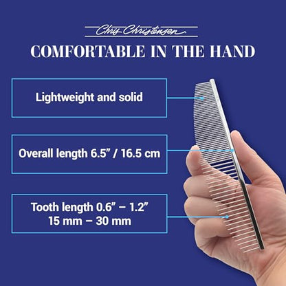 Chris Christensen 00C 6.5 in Crescent Coarse/Fine Finishing Butter Comb, Groom Like a Professional, Rounded Corners Prevent Friction and Breakage, Solid Brass Spin with Steel Teeth, Chrome Finish - size: 00C - 6.5 Inch Medium/Extra Fine