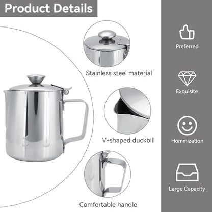 Milk Frothing Pitcher, Stainless Steel Milk Steaming Pitcher with Lid, Coffee Cup Mug Espresso Coffee Milk Frothing Jug Coffee Creamer Container Dispenser Cup Mug for Latte Coffee Art (2000ML) - size: 2000ML