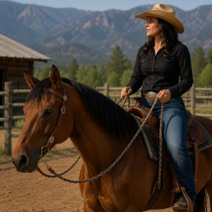 CHALLENGER 8' Horse Western Leather Latigo Laced Barrel Contest Reins 66RT10 - color: Tan Pacific Blue