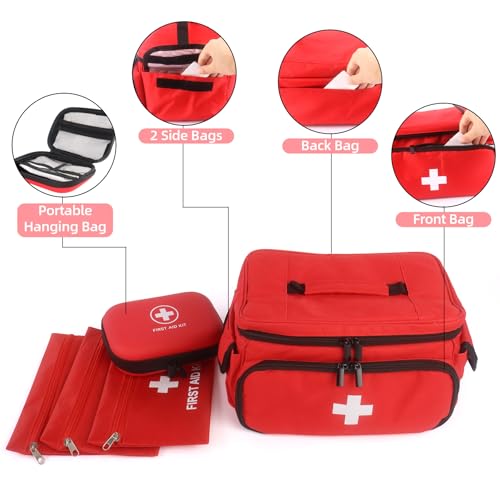 First Aid Bag Empty, 5-Set with Large Medical Organizer, 3 Portable Pouches & Hanging Bag for Home Car Travel Camping Office School Outdoor Adventure Medical Supplies,Pet First Aid Kits (Red)