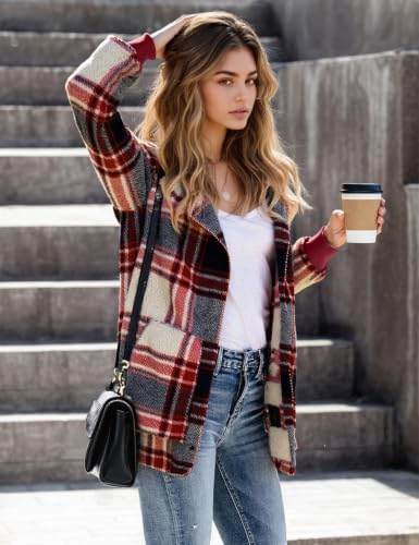Zilcremo Women Hooded Cardigan Open Front Fuzzy Jacket - color: Deepred Plaid, size: Small