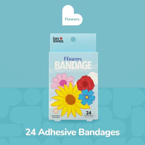 BioSwiss Bandages, Flowers Shaped Self Adhesive Bandage Set, Latex Free, Sterile Wound Care, 24 Count - color: Flowers, size: 24-Count Box