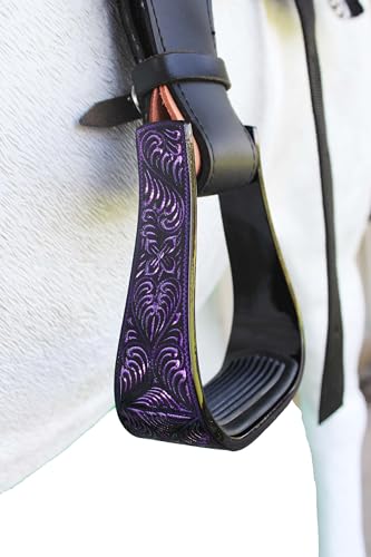 CHALLENGER Horse Western 5" Wide Barrel Racer Black Aluminum Engraved Show Stirrups 51248 - color: Black Purple