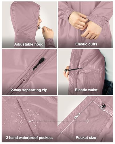 33,000ft Women's Waterproof Long Rain Coats Packable Rain Jacket with Hood - color: Dry Rose, size: X-Large