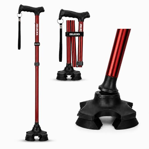 ZELECKS Walking Cane for Women & Men - Self Standing Adjustable Folding Cane with T Handle and 360 Pivot Base - Lightweight Foldable Walking Stick for Seniors - Collapsible Cane for Walking - color: Red