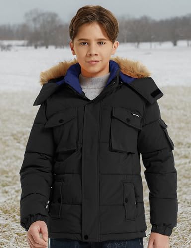wantdo Boy's Winter Puffer Coats Thick Warm Snow Jacekets Detachable Hood | Removable Faux Fur, Fleece Lining, Windproof, Machine Washable - color: Black, size: 8-9