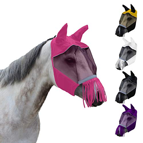 Derby Originals Reflective Safety Horse Fly Mask with Ears and Nose Fringes, Breathable Mesh, Comfortable Fit, One Year Warranty - color: Pink, size: X-Large (Oversize/Warmblood)