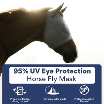 Horse Fly Mask with Ears - Built-in Visor - Breathable, Lightweight Mask - 95% UV Eye Protection - Adjustable Fit for Comfort Horse Medium/Large Size