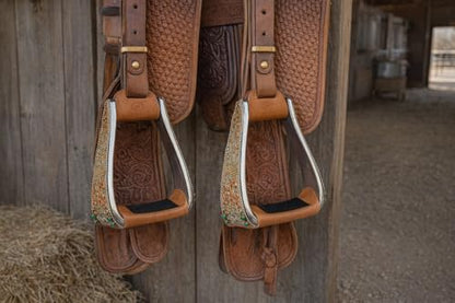 CHALLENGER Horse Western Saddle Rodeo Floral Engraved Turquoise Stone Angled Stirrups 51246