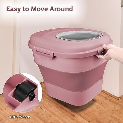 Komzon Rice Storage Bin Cereal Containers, 13-50lb Collapsible Rice Container Dispenser with Transparent Lid, Rolling Wheels, Measuring Cup and Scoop, Airtight Dog Cat Pet Food Storage Container Pink - color: Pink