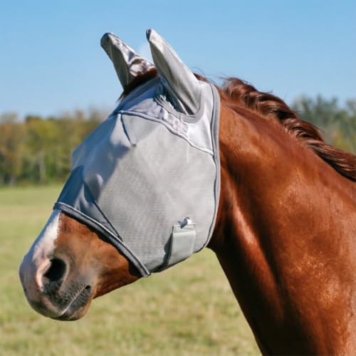 Horse Fly Mask with Ears Breathable Fine Mesh Eye Cover UV & Insect Protection Adjustable Snug Fit Lightweight Comfortable Gray - color: Gray, size: Medium