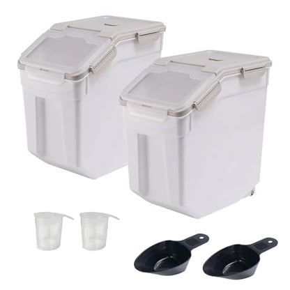 2 Pack 50 lb Airtight Flour Storage Containers with Wheels, Gray | Large Rice Bin with Wheels, Seal Locking Lid, BPA-Free, Includes Measuring Cup & Scoop, Kitchen Organization - color: Gray