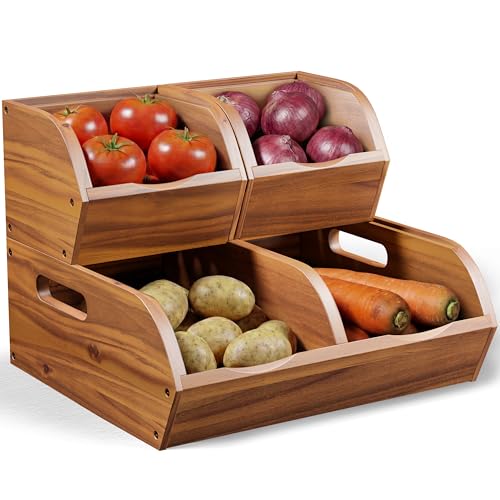 Acacia Pantry Storage Bins, Stackable Potato and Onion Organizer | Easy Assembly With Included Hardware – Stack 3 Modular Bins Or Use Separately For Flexible Storage And Open-Front Access