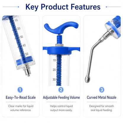 50ml Feeding Syringe with Metal Nozzle for Livestock & Pets 1 Pack