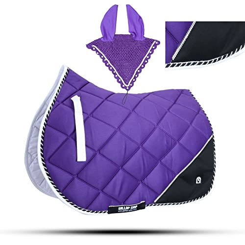 Quilted English Saddle Pad, Matching Ear Bonnet Set Breathable Riding Numnah Shock Absorbing Padding for Jumping, Schooling - color: Electric Lime