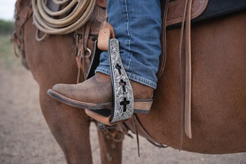 CHALLENGER Western Show Horse Saddle Stirrups Aluminum Leather Tread Cross Engraved 5145v - color: Black with genuine Leather Tread