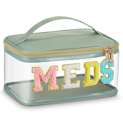 Geetery Chenille Letter Bag, Meds Cheer Travel Cases Cheerleader Gifts Cosmetic Bag Nylon Makeup Portable Preppy Patch with Zipper Toiletry Storage Case for Women(Sage Green,Meds) - color: Sage Green, style: Meds