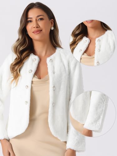 Allegra K Winter Faux Fur Coat Jacket for Women Long Sleeve Pockets Pearl Button Fluffy Cropped Cardigan Outerwear - color: White, size: Medium