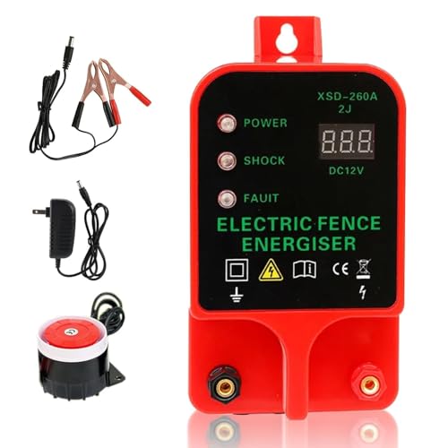 10KM Electric Fence Charger, 2J Waterproof Electric Fence Energizer with LED Display for Livestock Cattle Horse Protection, Alarm Function，AC/Battery Powered