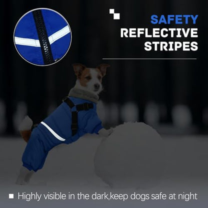 BRKURLEG Blue Dog Winter Coat, Cozy Winter Dog Jackets, Small Dogs Coat with Harness, Onesie Body Warm Puppy Christmas Jacket, Pet Reflective Cold Weather Jackets, Puppy Four-Legged Puffer Coats, M - color: Blue, size: Medium