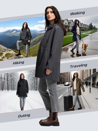 SaphiRose Women's Waterproof Rain Jacket with Fleece Lining Hooded Windbreaker Long Warm Outdoor Softshell Coat - color: Dark Grey, size: XX-Large