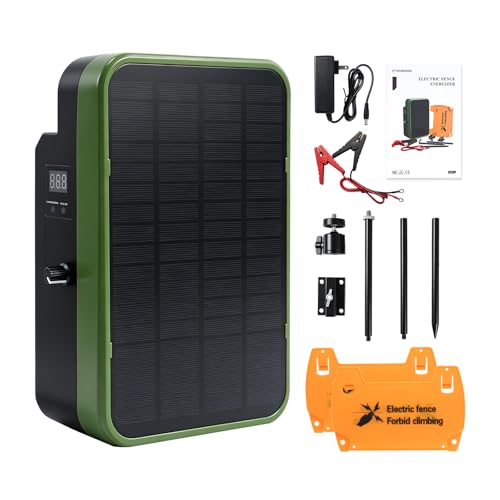 Solar Electric Fence Charger, Energizer with Stand 5kV-9kV Output | 6000mAh Battery, 5.5W Solar Panel Perfect for Farms Gardens Orchards, Keeps Livestock Safe from Wildlife