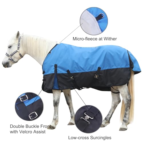 1200D Horse Blanket, 0g No-Fill Waterproof Turnout Rain Sheet | 1200D Ripstop Outer, Waterproof Breathable Shell, Anti-Rub Lining, 0g No-Fill, Keep Dry in Mud & Wet Weather, Large Tail Flap - color: Blue Black, size: 78"