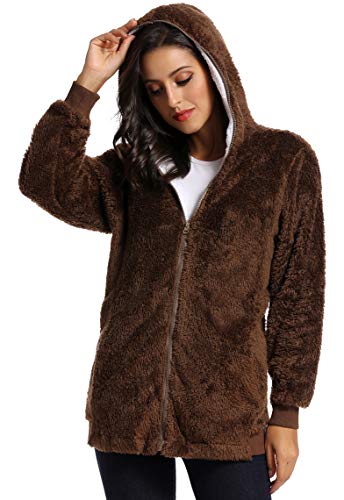 Fleece Coat for Women,Women's Oversized Zip Up Hooded Jacket Winter Plus Size Sherpa Coat - color: Abrown, size: Medium
