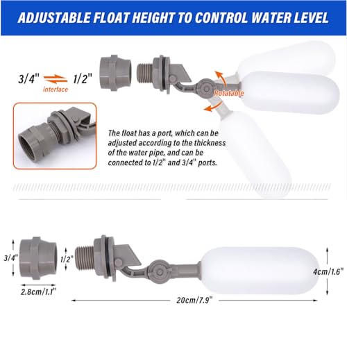 Float Valve 1/2" Auto Fill Mini for Automatic Livestock Waterer Bowl Water Trough Horse Dog Water Shut Off Water Level Control Ball Valve for Pool (1/2 Inch Gray Float Valve)