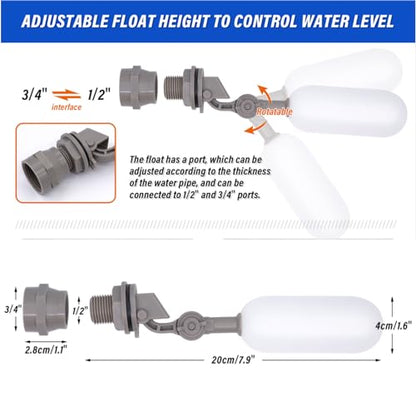 Float Valve 1/2" Auto Fill Mini for Automatic Livestock Waterer Bowl Water Trough Horse Dog Water Shut Off Water Level Control Ball Valve for Pool (1/2 Inch Gray Float Valve)