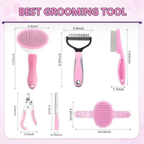 Dog Brush Grooming Kit 6PCS Dog Brush for Shedding-Dogs Brushes for Grooming, Dematting Comb for Dogs, Nail Clipper with Nail File, Flea Comb, Cat Bath Brush-Pink - color: Pink