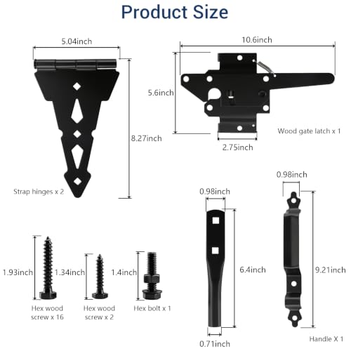 HOME MASTER HARDWARE Wood Gate Hardware Set-Heavy Duty 8" Decorative Strap Hinges and Spring Loaded Latch Gate Kit with Screws for Outdoor Fence Swing Gate Black Finish (Pack of 2) - size: 8" Decorative Strap Hinges (Pack of 2)