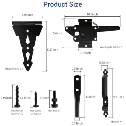 HOME MASTER HARDWARE Wood Gate Hardware Set-Heavy Duty 8" Decorative Strap Hinges and Spring Loaded Latch Gate Kit with Screws for Outdoor Fence Swing Gate Black Finish (Pack of 2) - size: 8" Decorative Strap Hinges (Pack of 2)