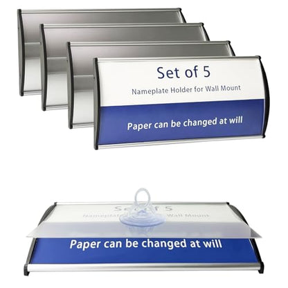 Set of 5 Curved Name Plate Holder for Wall or Door 8" x 4", Silver | Wall-Mount Office Door Sign Holder, Sturdy Aluminum Sign Frame for Business Cubicle, Adhesive Tape & Protective Plastic Film - style: 5pcs Curved Holder-Silver