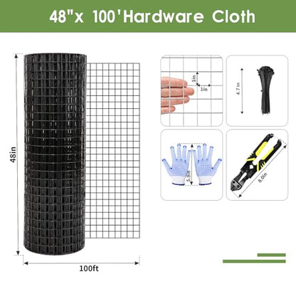 Tongmo 48" x 100' Black Hardware Cloth, 1inch Mesh Chicken Wire Fence, 19 Gauge Vinyl Coated Wire and Welded Wire Roll,Garden Fence, Poultry Netting for Rabbit/Duck/Chicken Coop