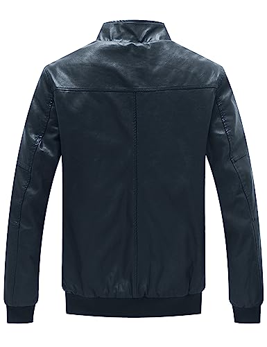 WenVen Men's Stand Collar Fleece Lined Faux Leather Jacket Warm Winter Coat | Bomber Outerwear - color: Navy, size: Large