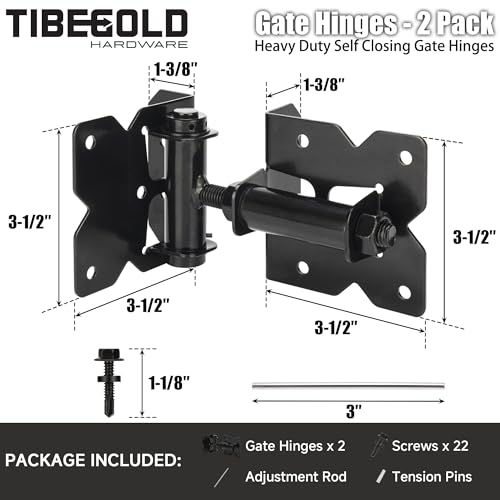 Self Closing Gate Hinges, Heavy Duty Hardware for Outdoor Vinyl/Woodn Fence Gates, 90 Degree Adjustable Gate Hinges Kit, Black Self Closing Hardware with Screw Kits and Swing Adjuster Tool, 2 Pack